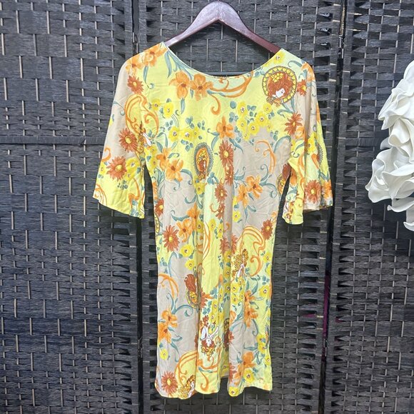 Vintage 70s Bell Sleeved Yellow Floral Mini Dress Size Small - Picture 8 of 8